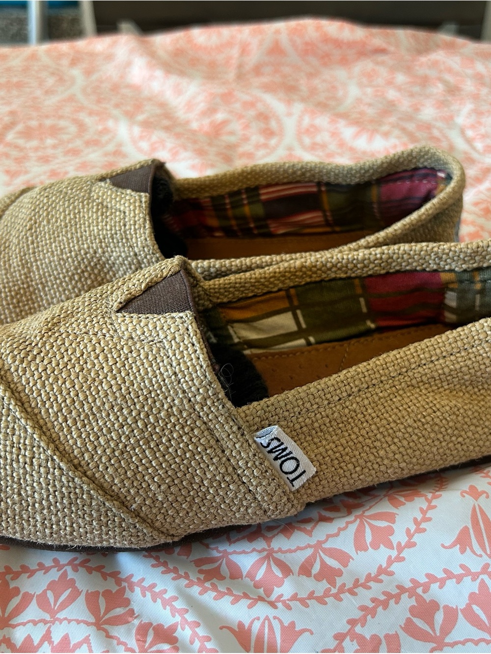 Toms Tan Woven Slip-On Espadrilles with Plaid Lining 7